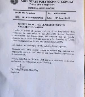 Kogi State Poly notice to Students on Vacation of Hostel over Academic Session Break