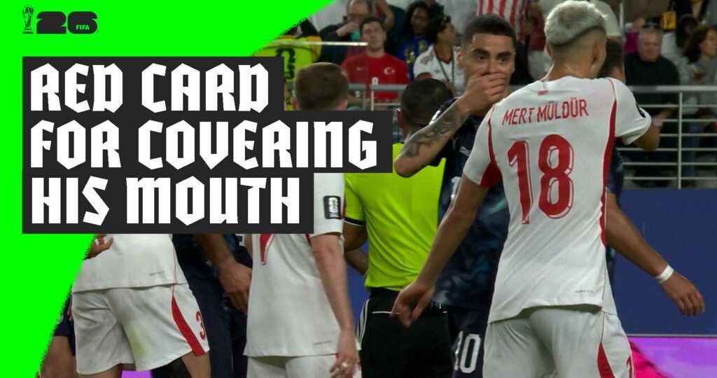 World Cup first sees Almiron sent off for covering mouth