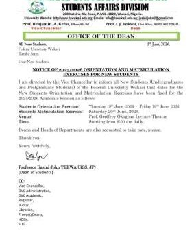 FUWUKARI orientation & matriculation ceremony for newly admitted students, 2025/2026