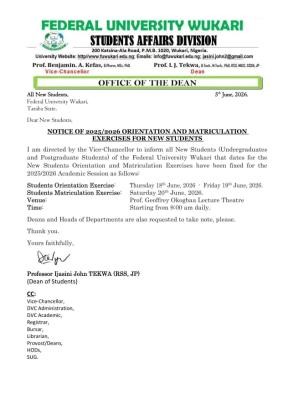 FUWUKARI orientation & matriculation ceremony for newly admitted students, 2025/2026