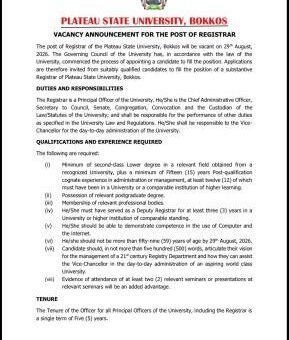 PLASU announces vacancy for the position of the Registrar