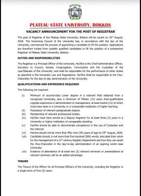 PLASU announces vacancy for the position of the Registrar