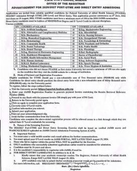 FUAHSE Post-UTME/DE 2026: Cut off mark, Eligibility and Registration Procedures