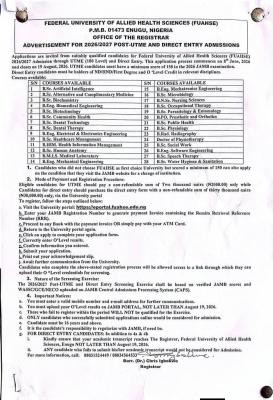 FUAHSE Post-UTME/DE 2026: Cut off mark, Eligibility and Registration Procedures