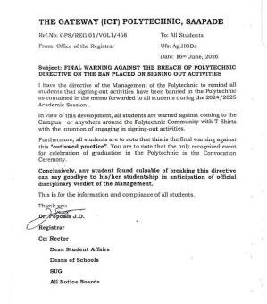 Gateway ICT Polytechnic Saapade reiterates ban on sign out activities on campus