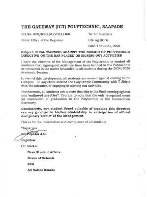Gateway ICT Polytechnic Saapade reiterates ban on sign out activities on campus