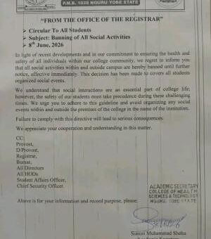 Galtima Maikyari College of Health Sciences & Tech. bans all social activities until further notice