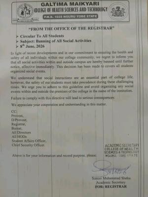Galtima Maikyari College of Health Sciences & Tech. bans all social activities until further notice