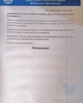 Southern Delta University reminder to students on outstanding school fees & exam eligibility