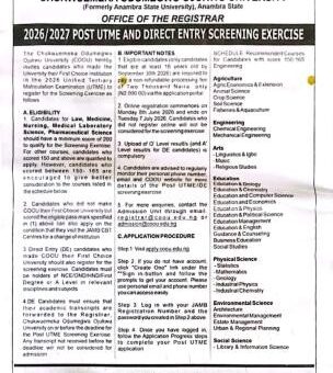 COOU Post-UTME/DE 2026: Cut-off mark, Eligibility and Registration Details