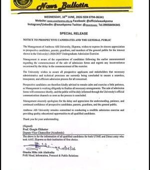 AAU issues Post-UTME registration update to prospective students, 2026/2027