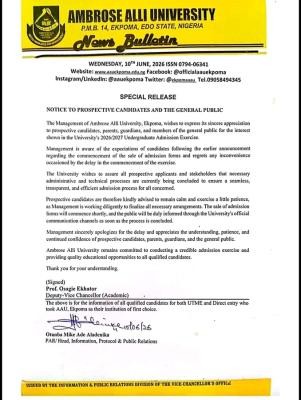 AAU issues Post-UTME registration update to prospective students, 2026/2027