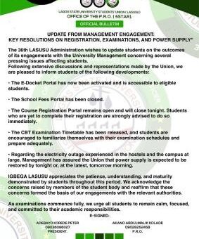 LASU SUG gives update on outcome of engagement with management