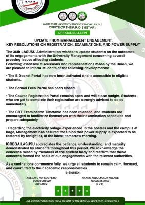LASU SUG gives update on outcome of engagement with management