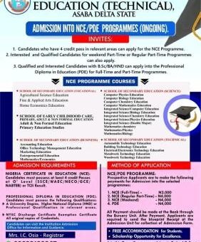 Federal College of Education (Tech). Asaba NCE/PDE Admission form, 2026/2027