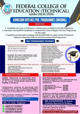 Federal College of Education (Tech). Asaba NCE/PDE Admission form, 2026/2027