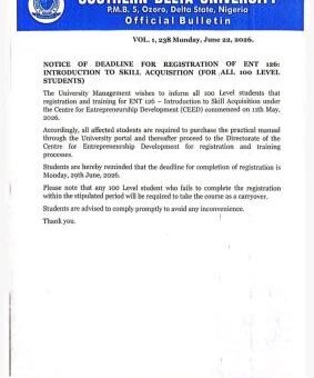 Southern Delta University notice to 100 level students on deadline for Registration of ENT 126