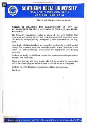 Southern Delta University notice to 100 level students on deadline for Registration of ENT 126