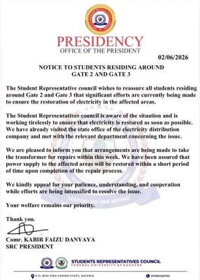 FUKASHERE SRC notice to students residing around Gate 2 & 3