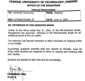 FUTO announces further extension of Mid-semester Break by 2 weeks