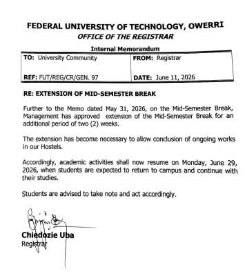 FUTO announces further extension of Mid-semester Break by 2 weeks