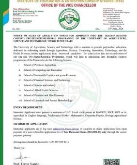 University of Agriculture, Science & Tech. Ihugh Remedial Admission form (2nd cohort), 2026/2027
