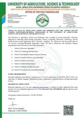 University of Agriculture, Science & Tech. Ihugh Remedial Admission form (2nd cohort), 2026/2027