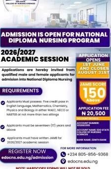 Edo State College of Nursing Sciences ND Nursing Admission form, 2026/2027