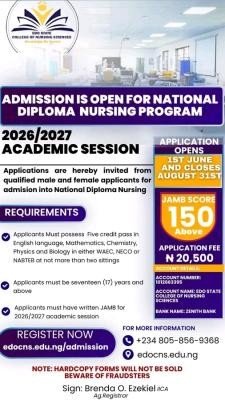 Edo State College of Nursing Sciences ND Nursing Admission form, 2026/2027