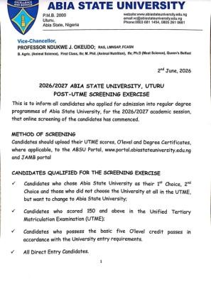 ABSU Post-UTME/DE 2026: Cut off mark, Eligibility and Registration Procedures
