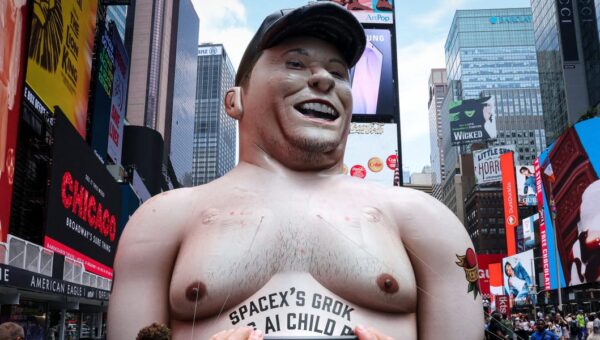 Giant inflatable Elon Musk appears in Times Square one day before SpaceX IPO, with a scathing message for its CEO