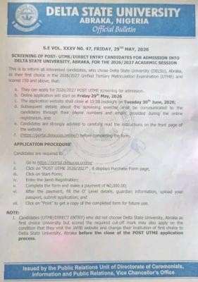 DELSU Post-UTME 2026: Cut off mark, Eligibility and Registration Procedures
