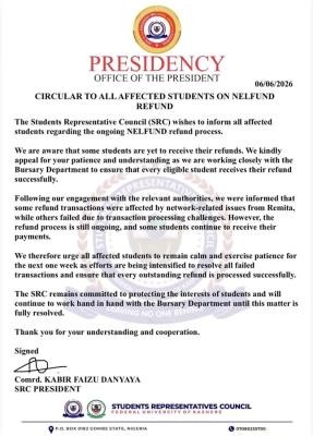 FUKASHERE SRC issues update to students regarding NELFUND refund