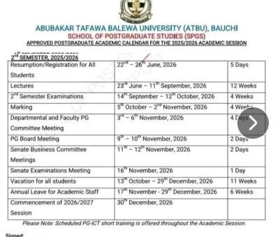 ATBU School of Postgraduate Studies 2nd semester academic calendar, 2025/2026