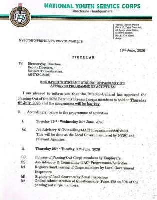 NYSC announces 2025 Batch B Stream I P. O.P Date