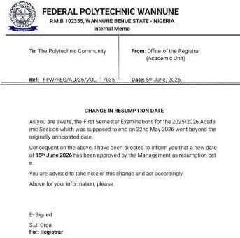 Federal Poly Wannue notice on change of resumption date for 2nd semester, 2025/2026