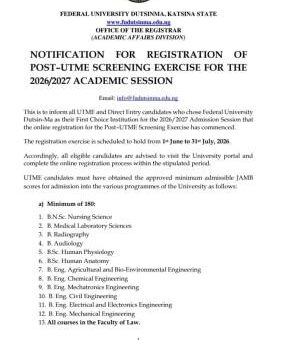 FUDUTSIN-MA Post-UTME/DE 2026: Cut-off mark, Eligibility and Registration Details