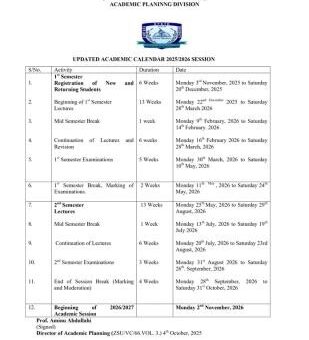 ZAMSU releases updated academic calendar, 2025/2026