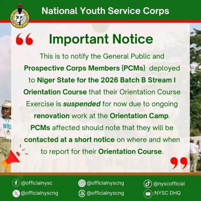 NYSC postpones 2026 Batch B Stream I Orientation Course in Niger State