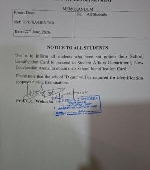 UNIPORT notice on collection of Students ID Card