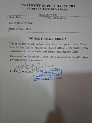 UNIPORT notice on collection of Students ID Card