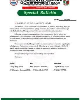 Federal Poly, Bauchi SUG issues important update to students on NELFUND refund