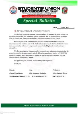 Federal Poly, Bauchi SUG issues important update to students on NELFUND refund