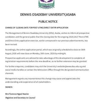 Dennis Osadebey University new deadline for Post-UTME application, 2026/2027
