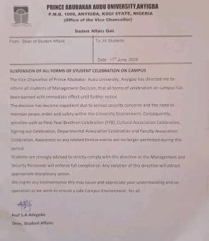 PAAU notice on suspension of all forms of students celebration on Campus