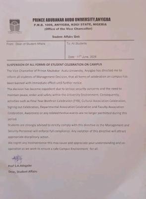 PAAU notice on suspension of all forms of students celebration on Campus