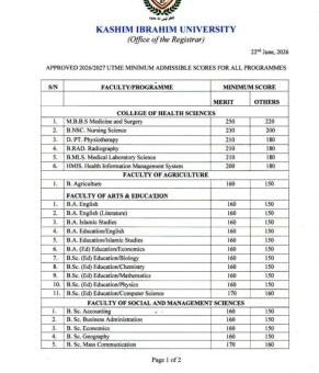 Kashim Ibrahim University releases approved admission cut-off marks, 2026/2027
