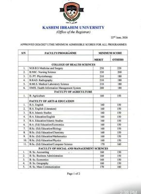 Kashim Ibrahim University releases approved admission cut-off marks, 2026/2027