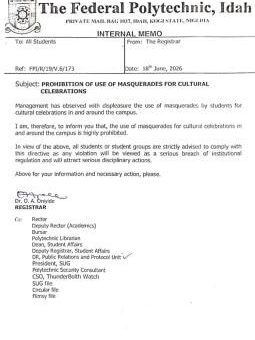 Federal Poly Idah bans use of masquerades for Cultural Celebrations on Campus