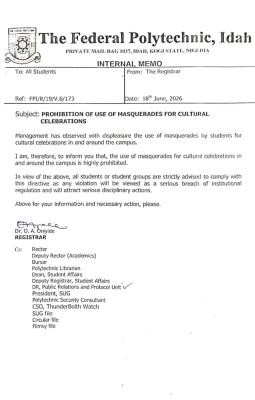 Federal Poly Idah bans use of masquerades for Cultural Celebrations on Campus